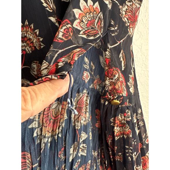 Modest High Neck Floral Bell Sleeve Top Medium Gold Threads Navy Blue Demure - Picture 7 of 7